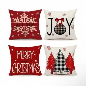 NWT- Set of 4- Red & Cream- Merry Christmas, Linen Pillow Covers Set 18x18